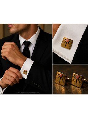Vintage 1970s Mens Goldtone Atomic Pink Moonglown MCM Starburst Cufflink Set